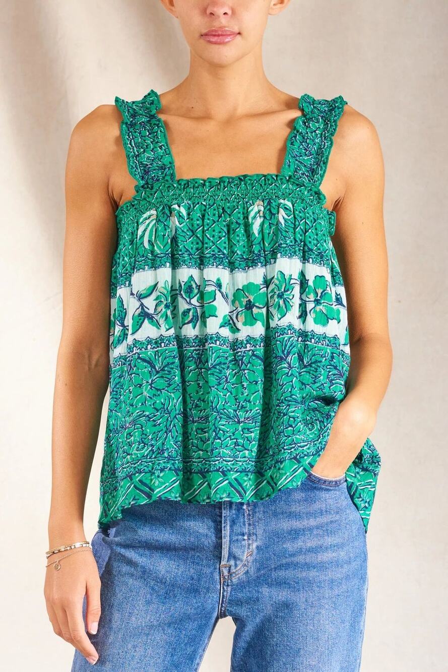 M.A.B.E. UK $146 STEVIE BLOCK PRINT RUFFLE BOHO HIPPIE TOP MADE IN INDIA  L